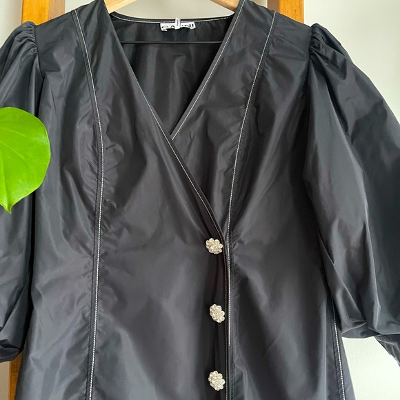 NWOT Ganni SZ 42 Black Recycled Polyester Puff Sleeve Rhinestone Snap Dress! - Picture 2 of 12